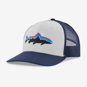 Patagonia Fitz Roy Trout Trucker Hat in White with New Navy